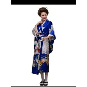 Silky Satin Kimono Robe Geisha Ladies Cherry Blossoms See Measurement Sz Large